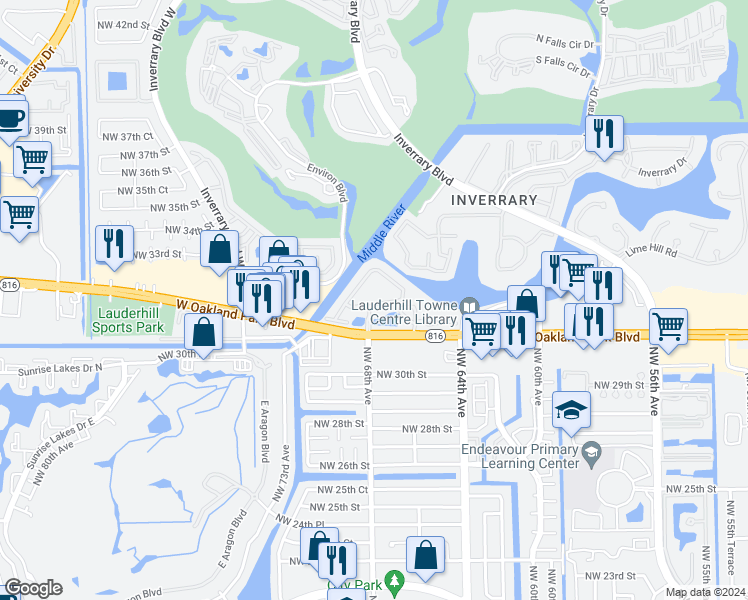 map of restaurants, bars, coffee shops, grocery stores, and more near 6701-6950 Landings Drive in Lauderhill