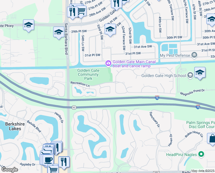 map of restaurants, bars, coffee shops, grocery stores, and more near 3445 Winifred Row Lane in Naples