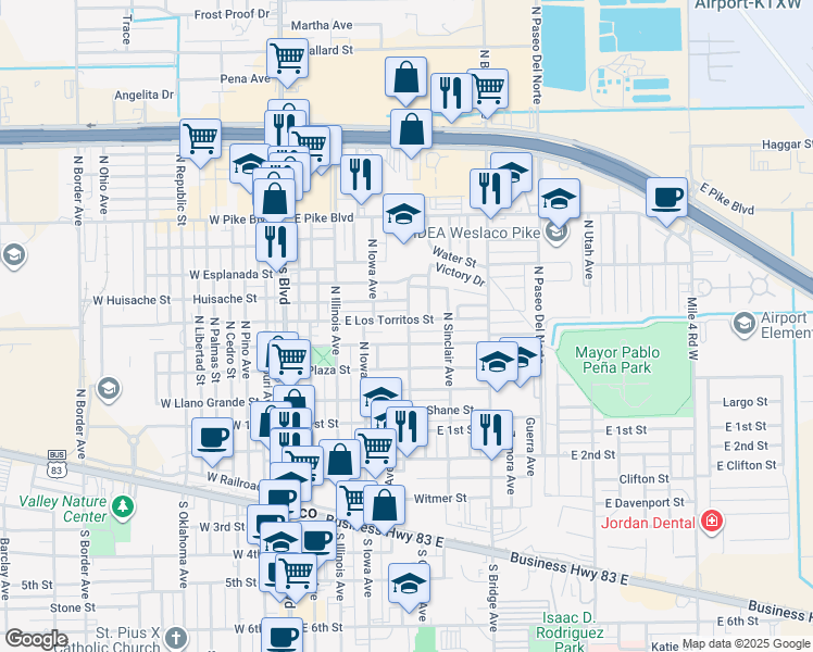 map of restaurants, bars, coffee shops, grocery stores, and more near 520 East Los Torritos Street in Weslaco