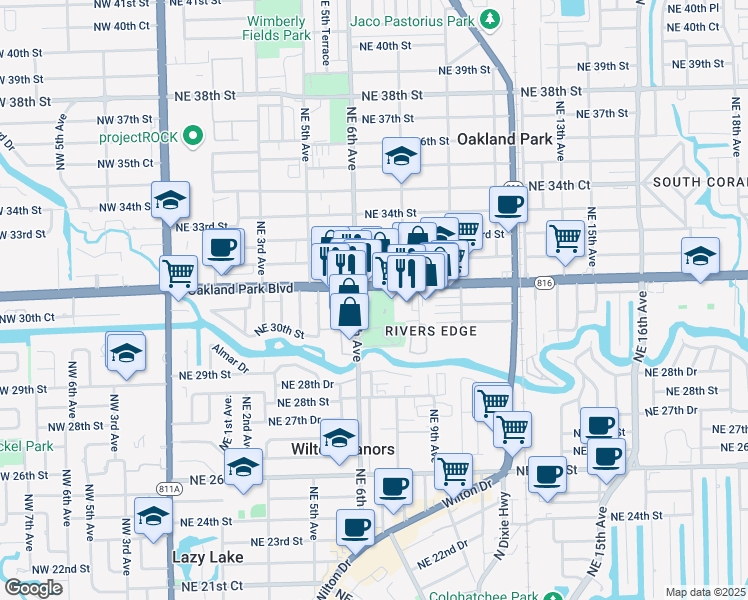 map of restaurants, bars, coffee shops, grocery stores, and more near 600 East Oakland Park Boulevard in Oakland Park