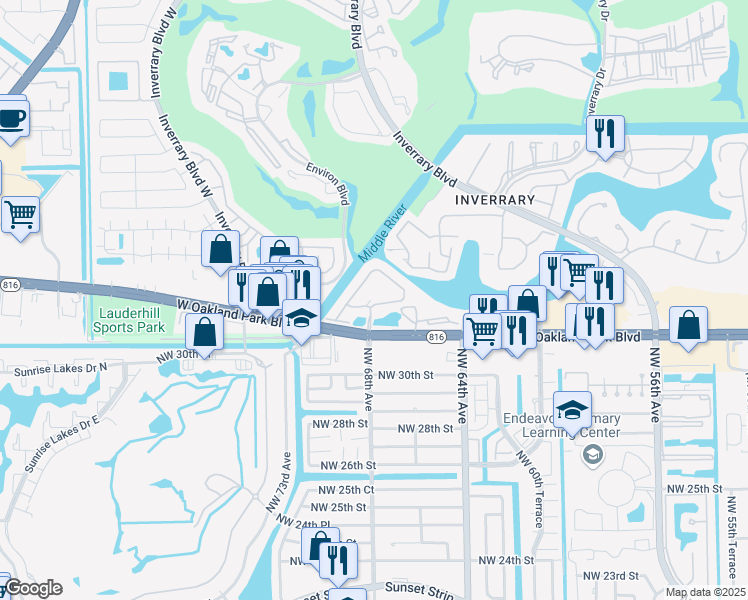 map of restaurants, bars, coffee shops, grocery stores, and more near 6701-6950 Landings Drive in Lauderhill