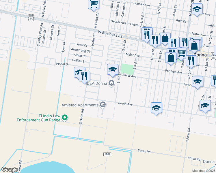 map of restaurants, bars, coffee shops, grocery stores, and more near 401 South 1st Street in Donna