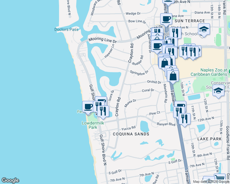 map of restaurants, bars, coffee shops, grocery stores, and more near 1690 Ixora Drive in Naples