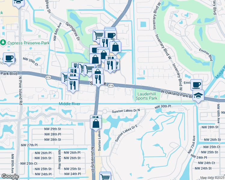 map of restaurants, bars, coffee shops, grocery stores, and more near 7800 West Oakland Park Boulevard in Fort Lauderdale