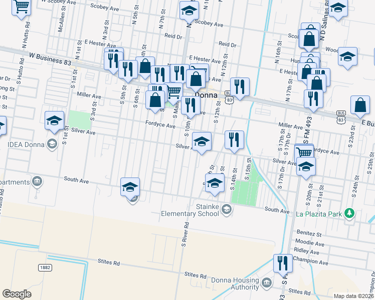 map of restaurants, bars, coffee shops, grocery stores, and more near 406 South 10th Street in Donna