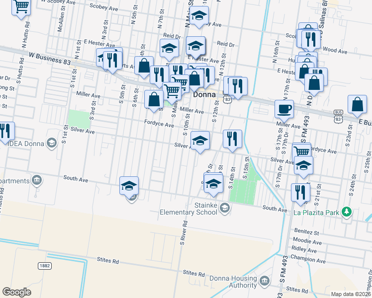 map of restaurants, bars, coffee shops, grocery stores, and more near 406 South 10th Street in Donna