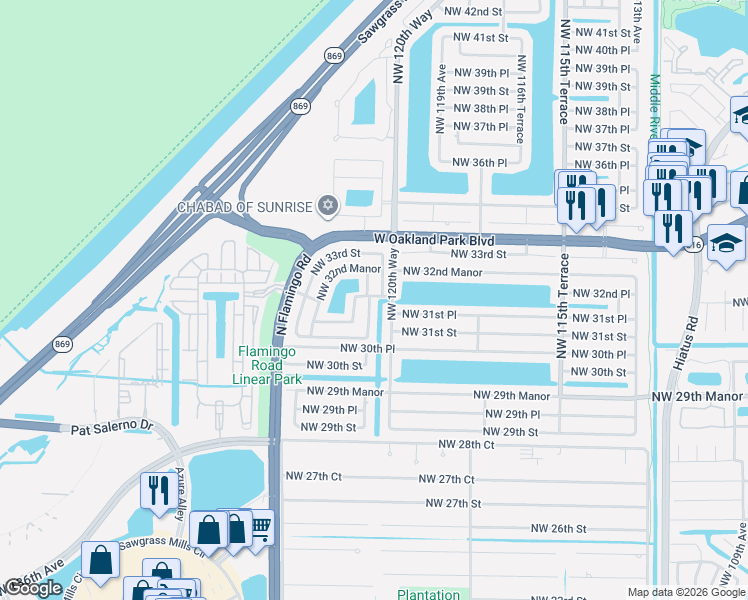 map of restaurants, bars, coffee shops, grocery stores, and more near 3180 Northwest 122nd Avenue in Sunrise