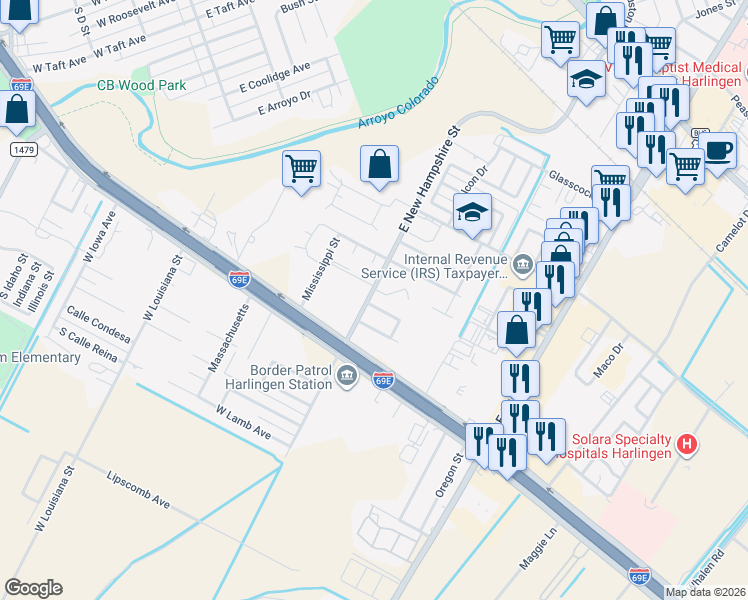 map of restaurants, bars, coffee shops, grocery stores, and more near 3917 Cottonwood Street in Harlingen