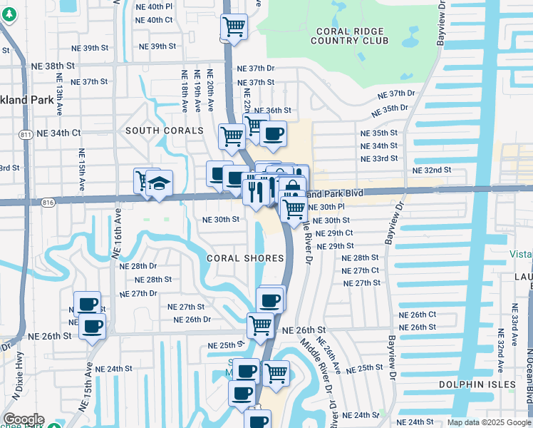 map of restaurants, bars, coffee shops, grocery stores, and more near 3045 North Federal Highway in Fort Lauderdale