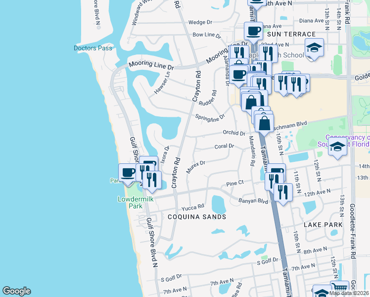 map of restaurants, bars, coffee shops, grocery stores, and more near 1670 Crayton Road in Naples
