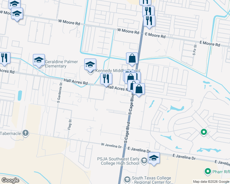 map of restaurants, bars, coffee shops, grocery stores, and more near 309 West Hall Acres Road in Pharr