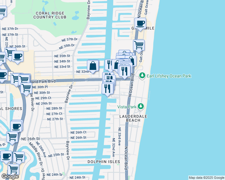 map of restaurants, bars, coffee shops, grocery stores, and more near 3020 Northeast 32nd Avenue in Fort Lauderdale