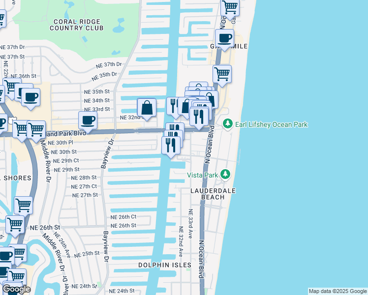map of restaurants, bars, coffee shops, grocery stores, and more near 3020 Northeast 32nd Avenue in Fort Lauderdale