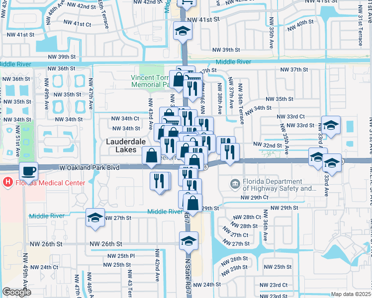 map of restaurants, bars, coffee shops, grocery stores, and more near in Lauderdale Lakes