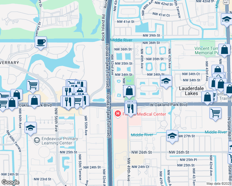 map of restaurants, bars, coffee shops, grocery stores, and more near 5131 West Oakland Park Boulevard in Lauderdale Lakes