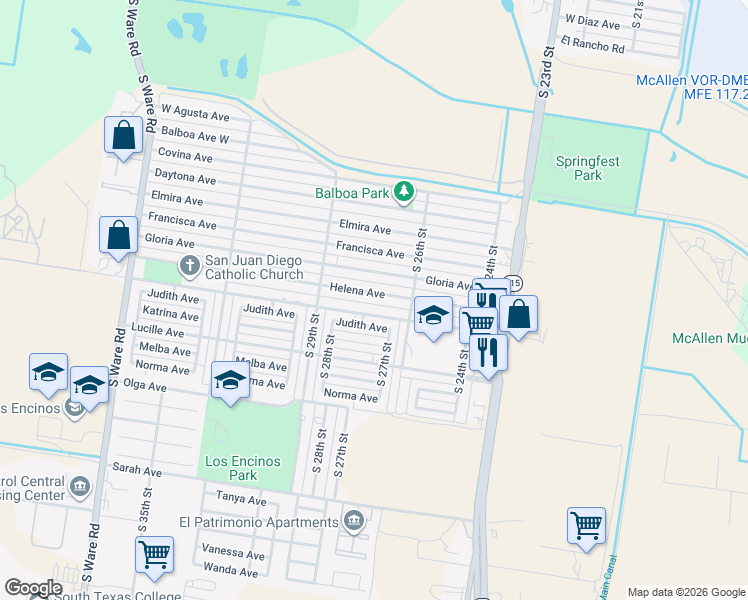 map of restaurants, bars, coffee shops, grocery stores, and more near 2701 Helena Avenue in McAllen