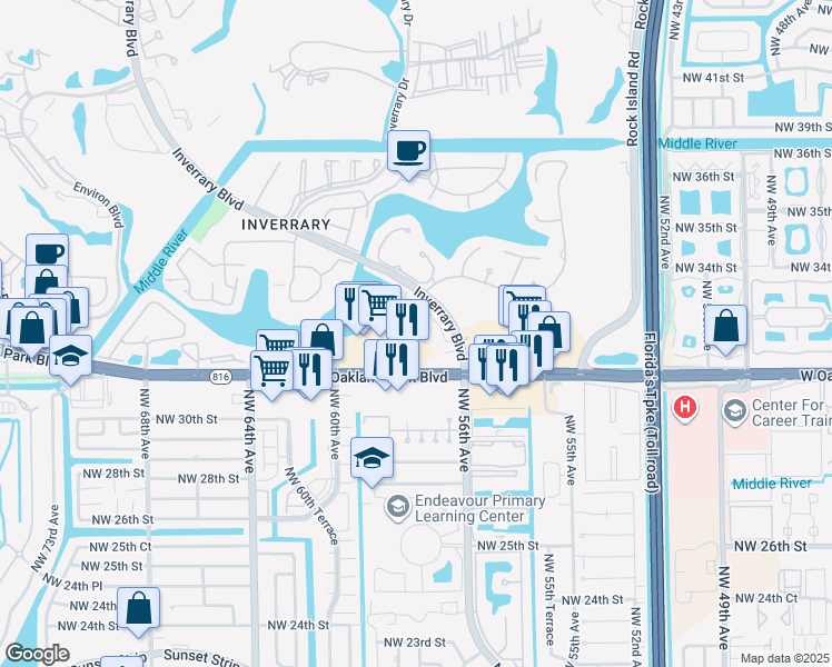 map of restaurants, bars, coffee shops, grocery stores, and more near 5666 Enclave Place in Lauderhill