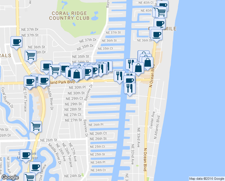map of restaurants, bars, coffee shops, grocery stores, and more near 2859 Northeast 30th Street in Fort Lauderdale