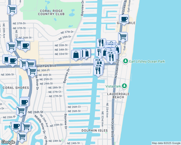 map of restaurants, bars, coffee shops, grocery stores, and more near 2900 Northeast 30th Street in Fort Lauderdale