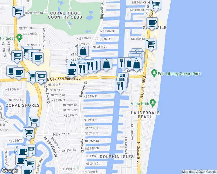 map of restaurants, bars, coffee shops, grocery stores, and more near 2861 Northeast 30th Street in Fort Lauderdale