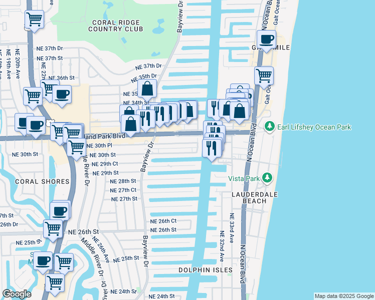 map of restaurants, bars, coffee shops, grocery stores, and more near 2861 Northeast 30th Street in Fort Lauderdale
