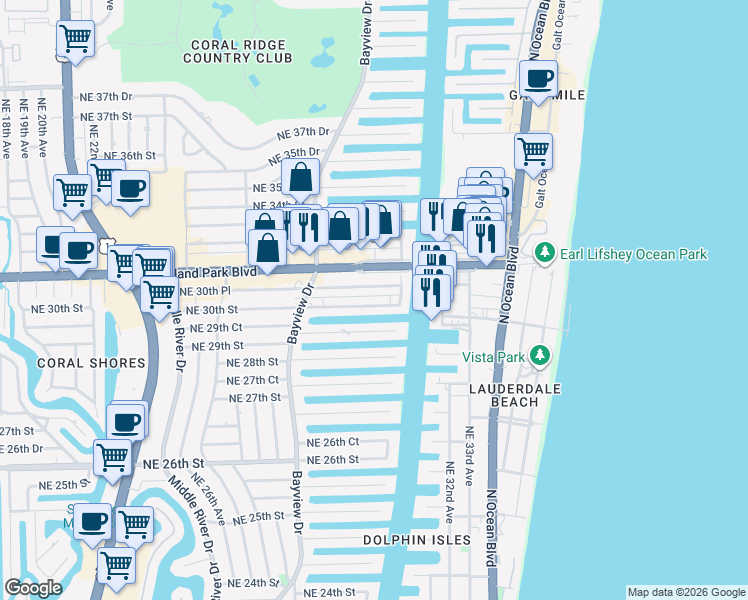 map of restaurants, bars, coffee shops, grocery stores, and more near 2861 Northeast 30th Street in Fort Lauderdale
