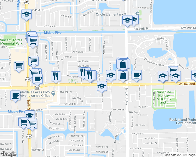 map of restaurants, bars, coffee shops, grocery stores, and more near 3298 Northwest 32nd Street in Lauderdale Lakes