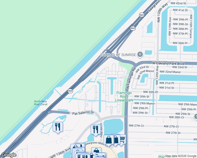 map of restaurants, bars, coffee shops, grocery stores, and more near 12699 Northwest 32nd Court in Sunrise