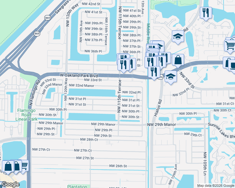 map of restaurants, bars, coffee shops, grocery stores, and more near 3201 Northwest 115th Terrace in Sunrise