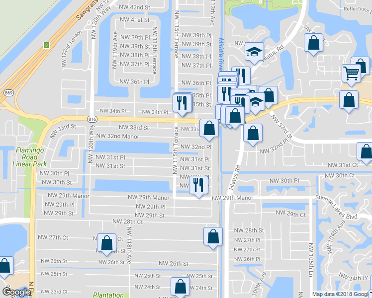 map of restaurants, bars, coffee shops, grocery stores, and more near 11440 Northwest 32nd Place in Sunrise