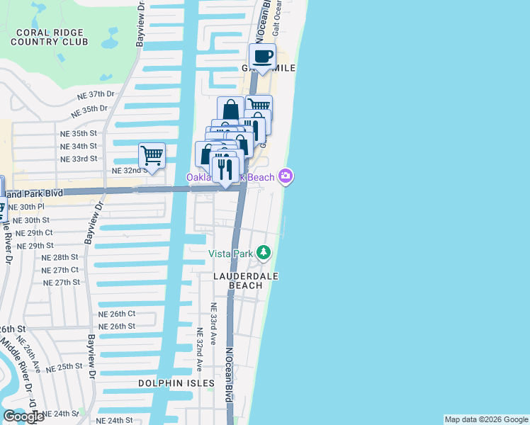 map of restaurants, bars, coffee shops, grocery stores, and more near 3020 North Atlantic Boulevard in Fort Lauderdale