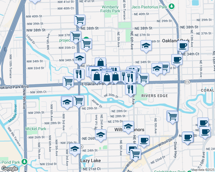 map of restaurants, bars, coffee shops, grocery stores, and more near 3036 Northeast 3rd Avenue in Wilton Manors