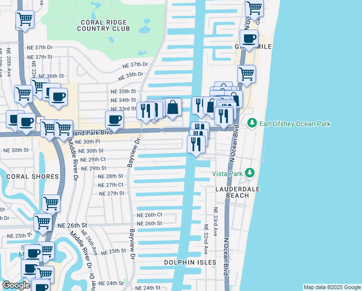 map of restaurants, bars, coffee shops, grocery stores, and more near 2900 Northeast 30th Street in Fort Lauderdale