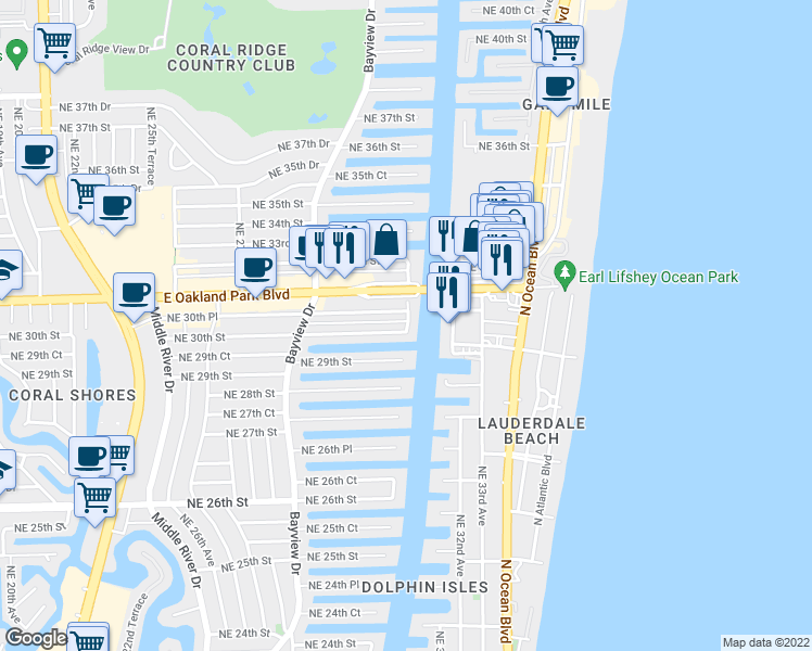 map of restaurants, bars, coffee shops, grocery stores, and more near 2900 Northeast 30th Street in Fort Lauderdale