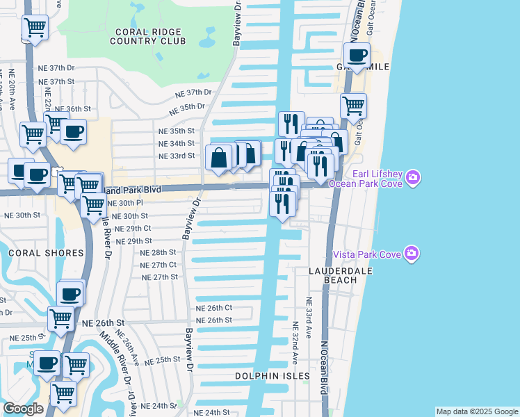 map of restaurants, bars, coffee shops, grocery stores, and more near 2900 Northeast 30th Street in Fort Lauderdale