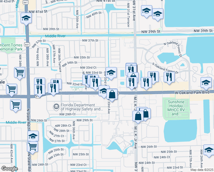 map of restaurants, bars, coffee shops, grocery stores, and more near 3298 Northwest 32nd Street in Lauderdale Lakes