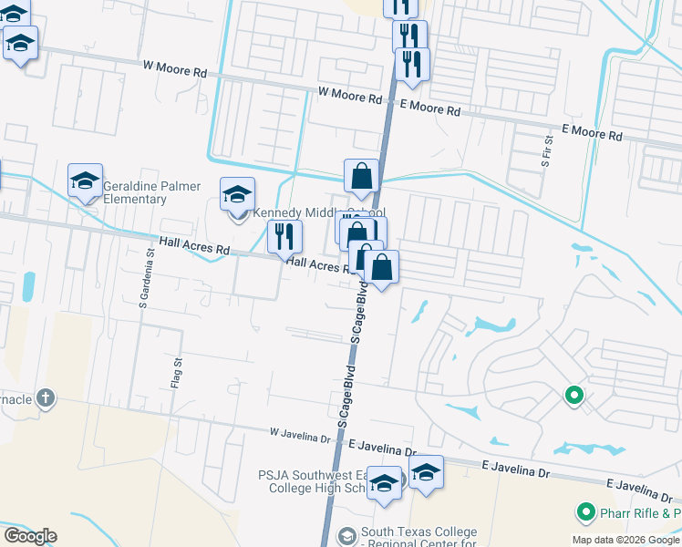 map of restaurants, bars, coffee shops, grocery stores, and more near 2608 South Cage Boulevard in Pharr