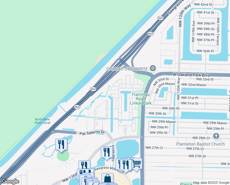map of restaurants, bars, coffee shops, grocery stores, and more near 12631 Northwest 32nd Court in Sunrise