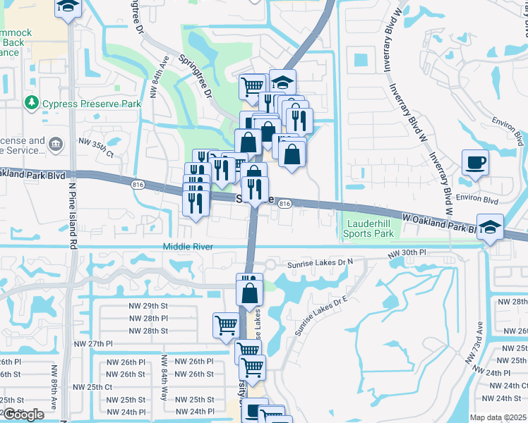 map of restaurants, bars, coffee shops, grocery stores, and more near 3260 North University Drive in Sunrise