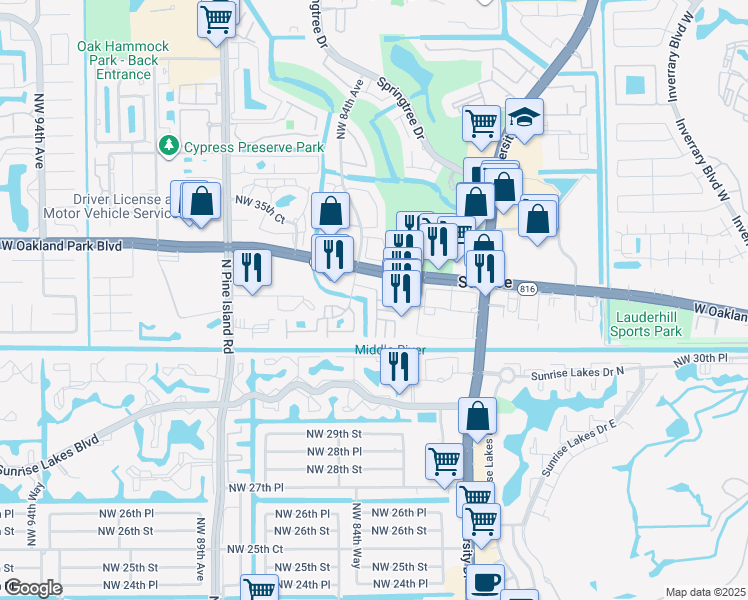 map of restaurants, bars, coffee shops, grocery stores, and more near 3168 Northwest 84th Avenue in Sunrise