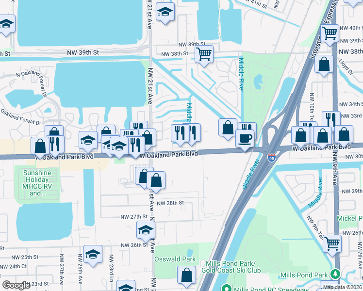 map of restaurants, bars, coffee shops, grocery stores, and more near 1821 West Oakland Park Boulevard in Oakland Park