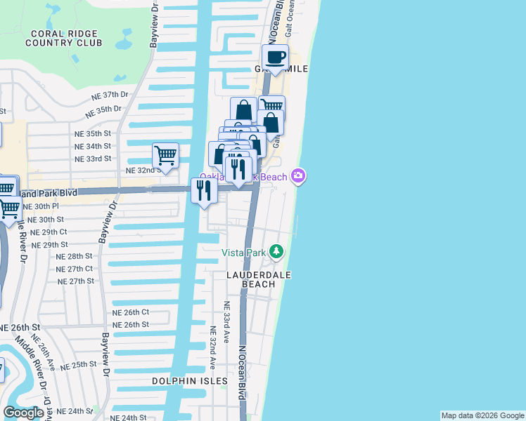 map of restaurants, bars, coffee shops, grocery stores, and more near 3025 Center Avenue in Fort Lauderdale