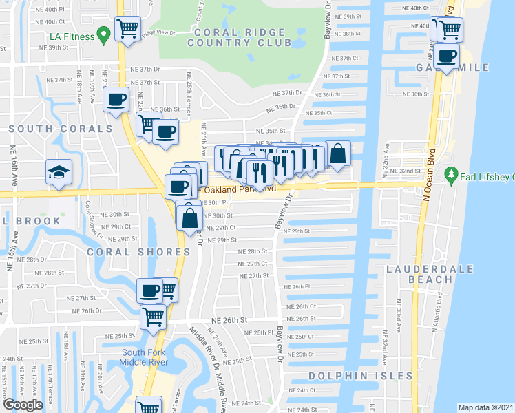 map of restaurants, bars, coffee shops, grocery stores, and more near 2741 Northeast 30th Street in Fort Lauderdale