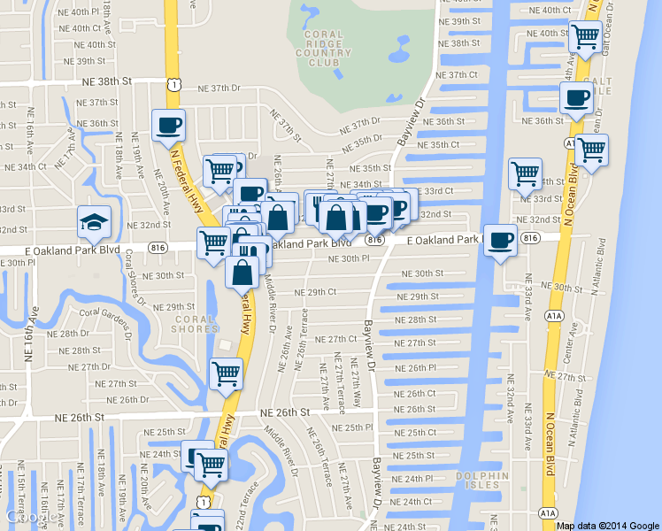 map of restaurants, bars, coffee shops, grocery stores, and more near 2701 Northeast 30th Street in Fort Lauderdale