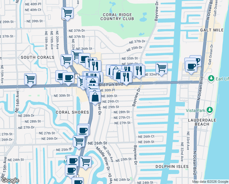 map of restaurants, bars, coffee shops, grocery stores, and more near 2701 Northeast 30th Street in Fort Lauderdale