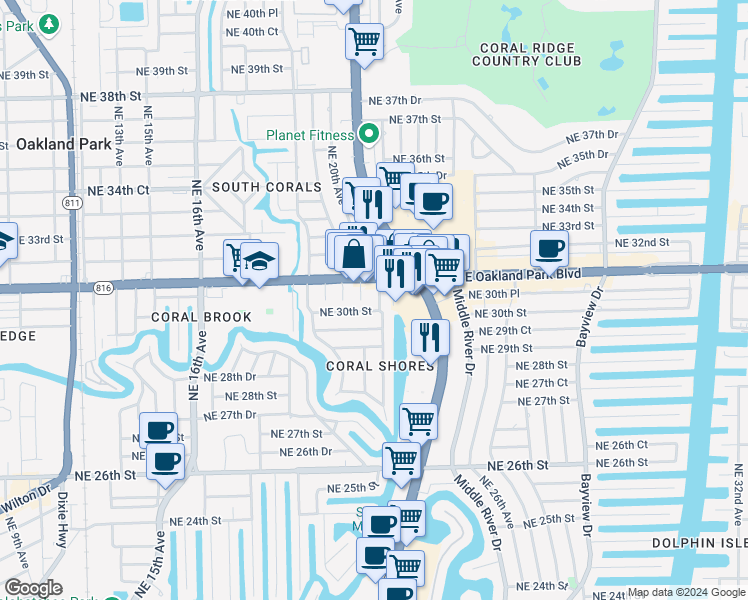 map of restaurants, bars, coffee shops, grocery stores, and more near 3000 Northeast 21st Terrace in Fort Lauderdale