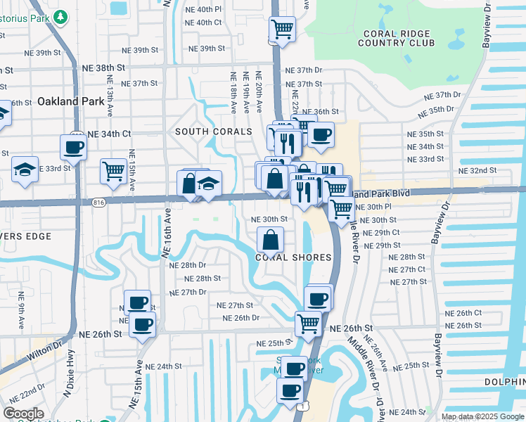 map of restaurants, bars, coffee shops, grocery stores, and more near 1905 Northeast 30th Street in Fort Lauderdale