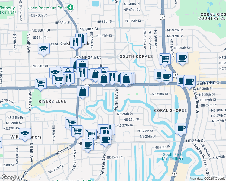map of restaurants, bars, coffee shops, grocery stores, and more near 3068 Northeast 15th Terrace in Oakland Park