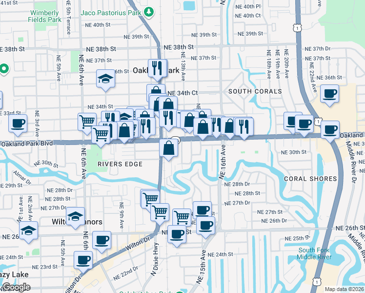 map of restaurants, bars, coffee shops, grocery stores, and more near 3075-3085 Northeast 13th Avenue in Oakland Park