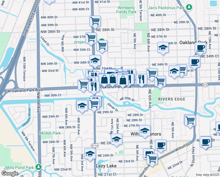 map of restaurants, bars, coffee shops, grocery stores, and more near 201 Northeast 30th Court in Wilton Manors